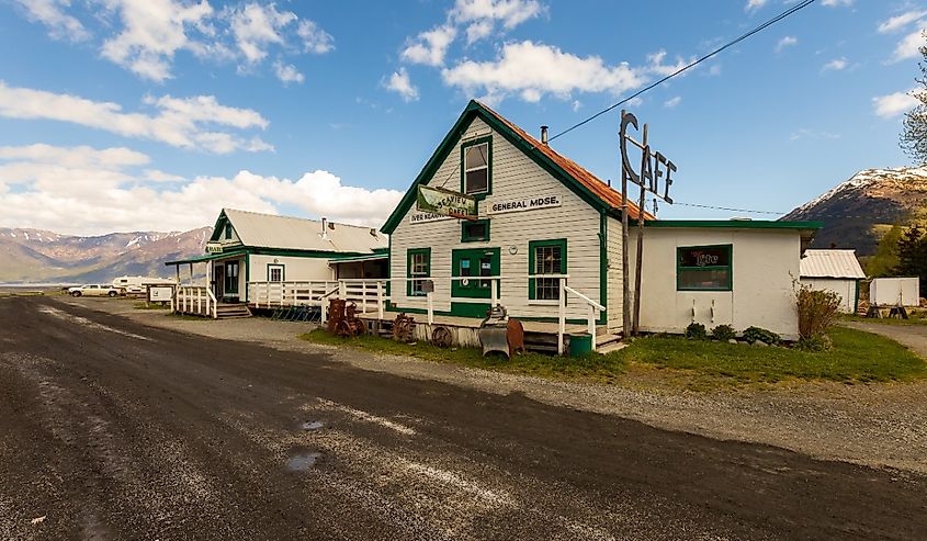 Old cabin, library, and other sites in the town of Hope, Alaska.