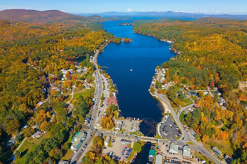 Alton Bay at Lake Winnipesaukee aerial view and village of Alton Bay in fall in town of Alton, New Hampshire NH, USA.