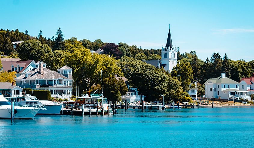The Harbor at Mackinac Island with buildings and boats on the shore