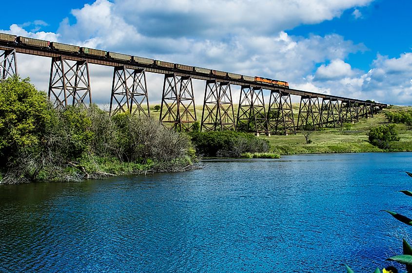 Hi-line rairoad bridge runs over the valley in Valley City North Dakota 