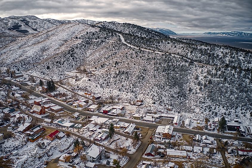 Aerial view of Austin, Nevada, in winter.