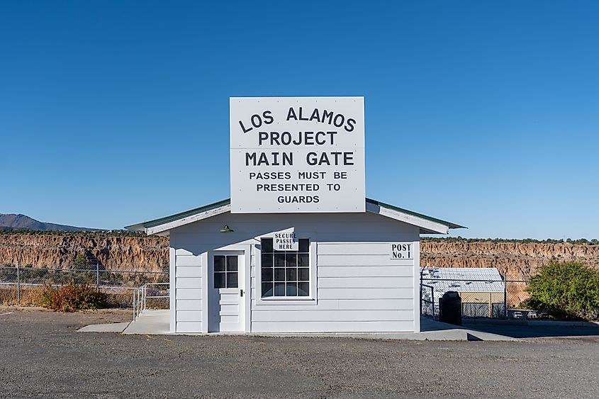 Replica of the historic Los Alamos Project Main Gate at Manhattan Project National Historical Park in Los Alamos, New Mexico.
