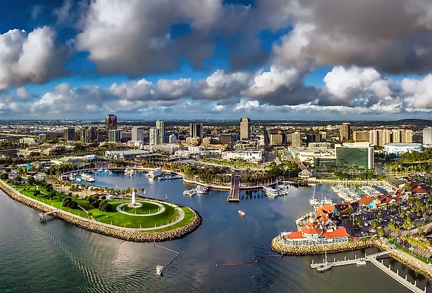 Aerial view of Long Beach, one of the largest of the 88 incorporated cities in Los Angeles County, California.