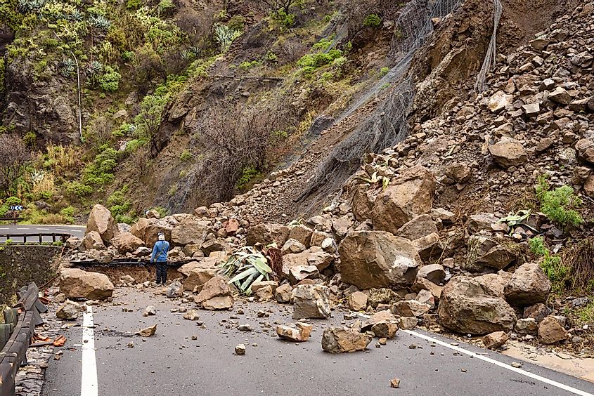 A rock fall destroyed the GC-210 road during landslide after heavy rain on the island Gran Canaria, Spain.