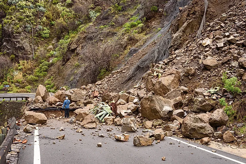 A rock fall destroyed the GC-210 road during landslide after heavy rain on the island Gran Canaria, Spain.