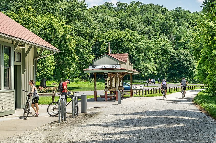 Cyclists at Rocheport station on Katy Trail (237 mile bike trail stretching across most of the state of Missouri converted from abandoned railroad), via marekuliasz / Shutterstock.com