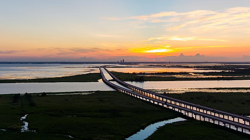 Sunset over the Jubilee parkway bridge and Mobile Bay on the Alabama Gulf Coast