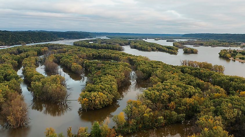 Aerial view of Upper Mississippi River at the Wisconsin-Minnesota border. Autumn fall season. Landscape from above, drone shot.