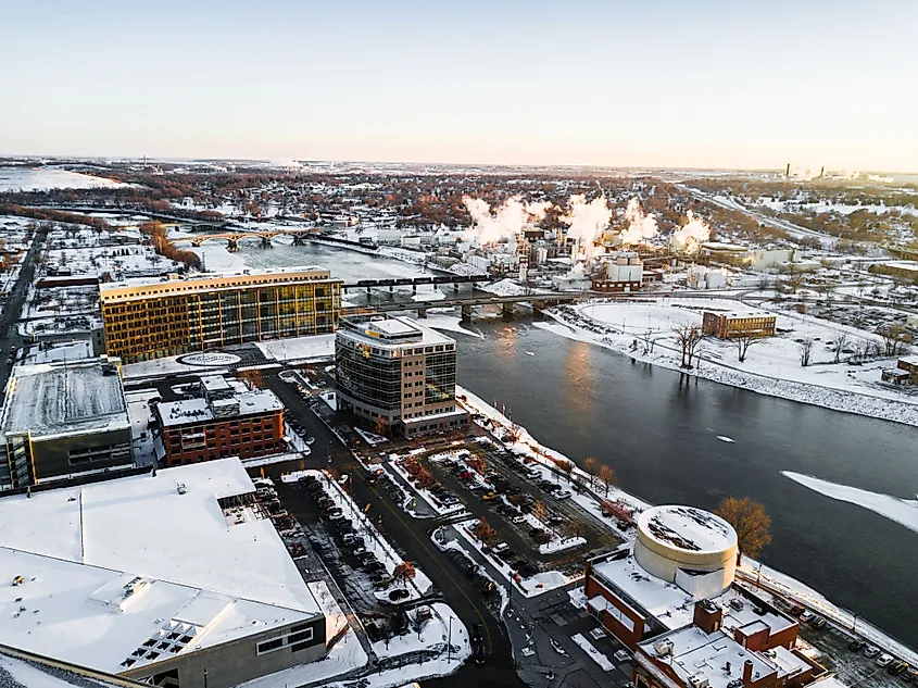 Aerial view of downtown Cedar Rapids during winter