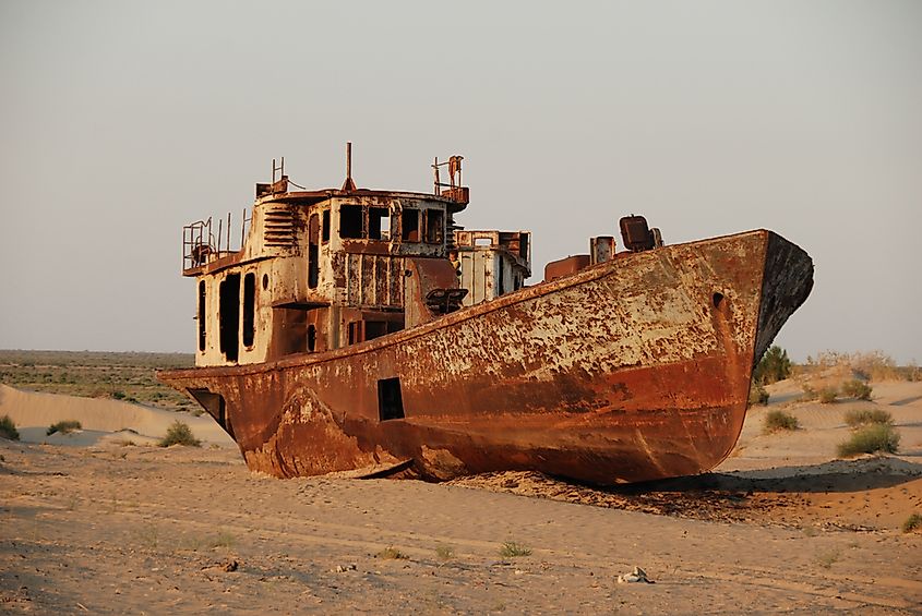 A shipwreck exposed by the drying of the Aral Sea