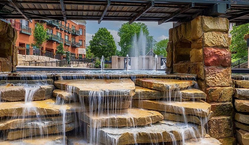 A constructed waterfall at Creekside Plaza in downtown Gahanna