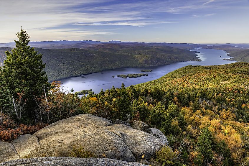 The Northern end of Lake George and the Tongue Mountain Range seen from a lookout on Black Mountain in the Adirondack Mountains of New York.