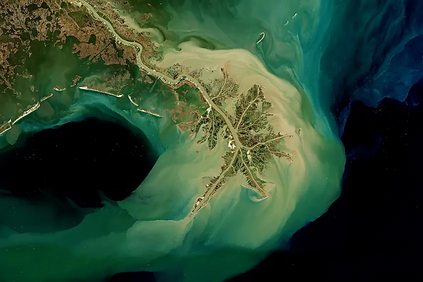 Aerial view of the Mississippi River delta reaching into the Gulf.