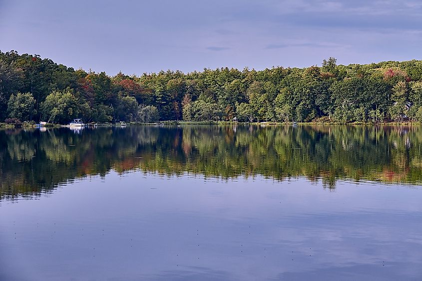 Fawn Lake in Hawley, Pennsylvania, a one hundred and fifty acre fresh water reservoir that is available for silent boating, fishing and swimming