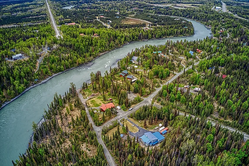 Aerial View of the Village of Sterling, Alaska on the Kenai River. Via Shutterstock / Jacob Boomsma