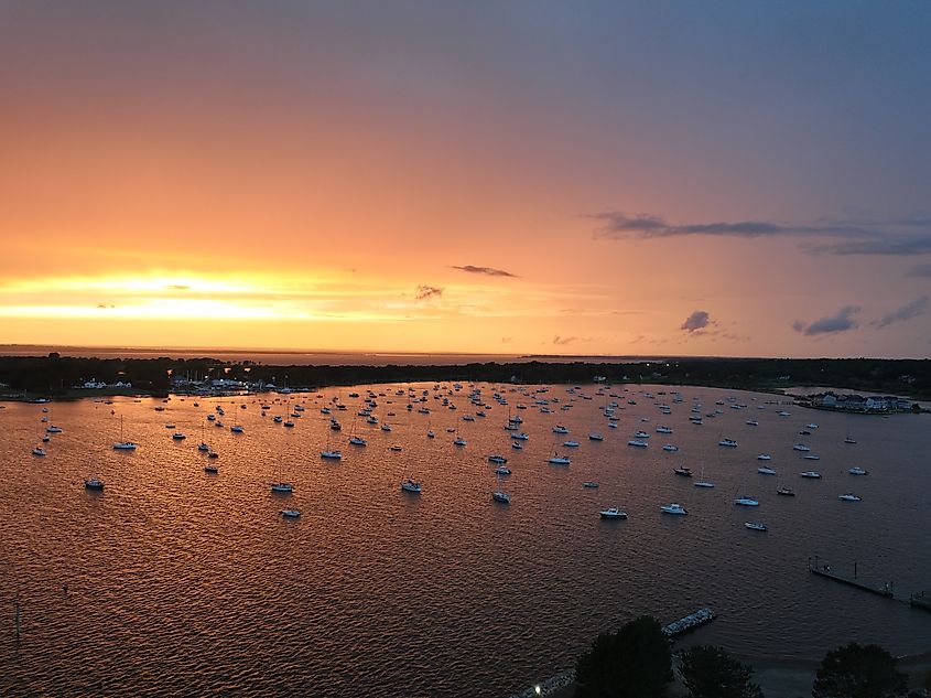 Beautiful harbor at sunset in Bristol, Rhode Island.
