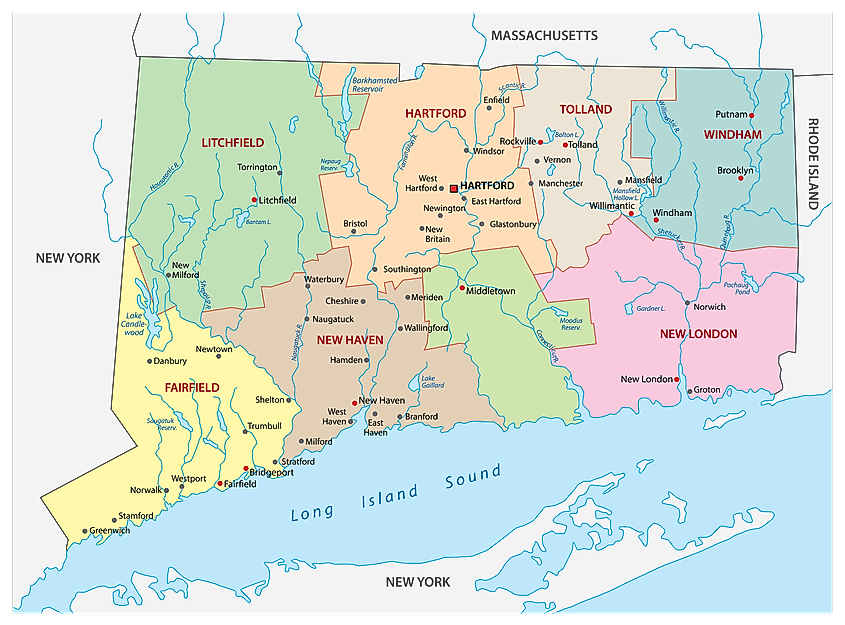 Map showing the eight historic counties of Connecticut