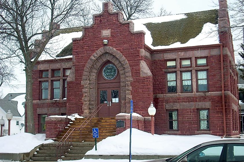 Red brick facade of the Pipestone Public Library, Pipestone Minnesota.