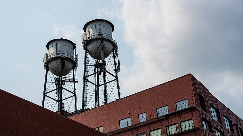 Historic dual water towers in Duluth, MN, USA. Minnesota's water towers average around 90 years old. Editorial credit: mailcaroline / Shutterstock.com