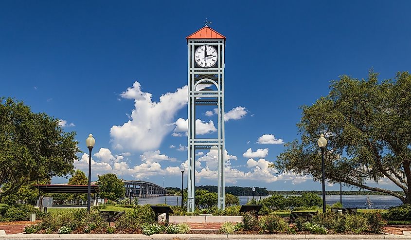 Photo of the clock tower at Riverfront Park in Palatka along the St John's River in Florida on a beautiful sunny day