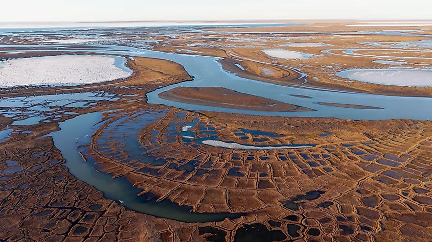 Aerial view of the Arctic coastal plain near Teshekpuk Lake in the National Petroleum Reserve, Alaska