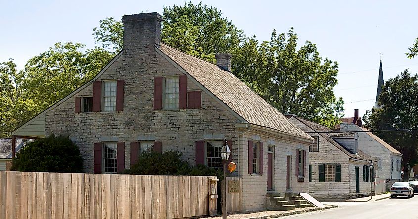 This is a 2007 photograph of the front of the Felix Vallee House in Ste. Geneviève, Missouri. It was built by Samuel Phillipson, an early settler, and in 1823 it was sold to Felix Vallé. To the right of the house is the Dr. Benjamin Shaw House. To the right of that is the Dufour House. The spire in the background is The Church of Ste. Geneviève. Andrew Balet - Own work via Wikipedia