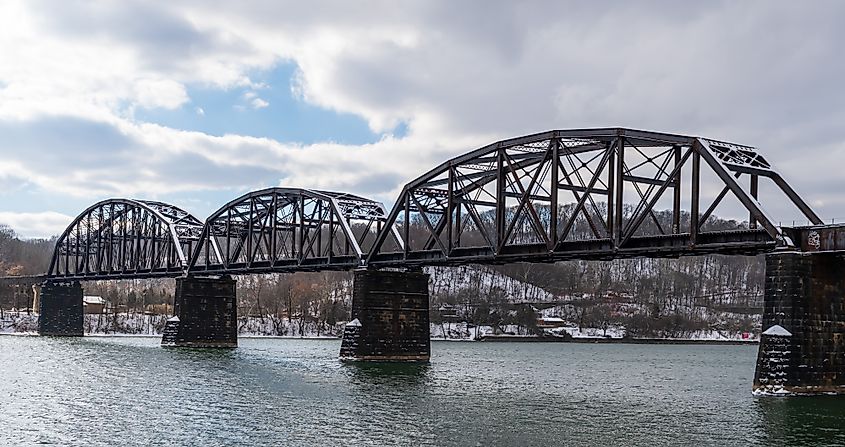 A metal train bridge over the Allegheny River in Aspinwall, Pennsylvania