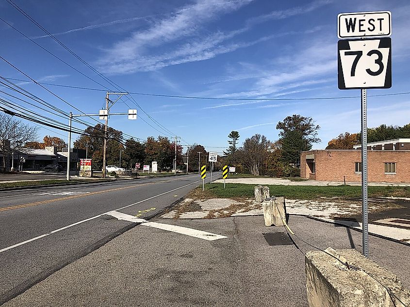 View west along Pennsylvania State Route 73 (Skippack Pike) just west of Butler Pike in Whitpain Township, Montgomery County, Pennsylvania