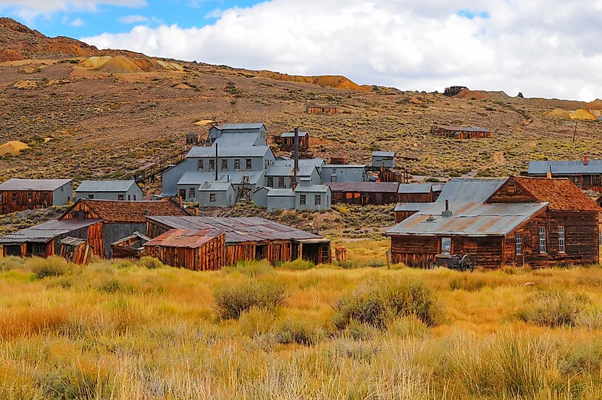 A late summer view of Bodie State Historic Park, a gold rush ghost town east of the Sierra Nevada of California,