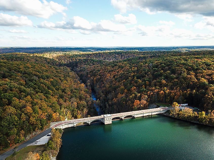 Aerial view of Pretty Boy Reservoir Dam in Hampstead, Maryland