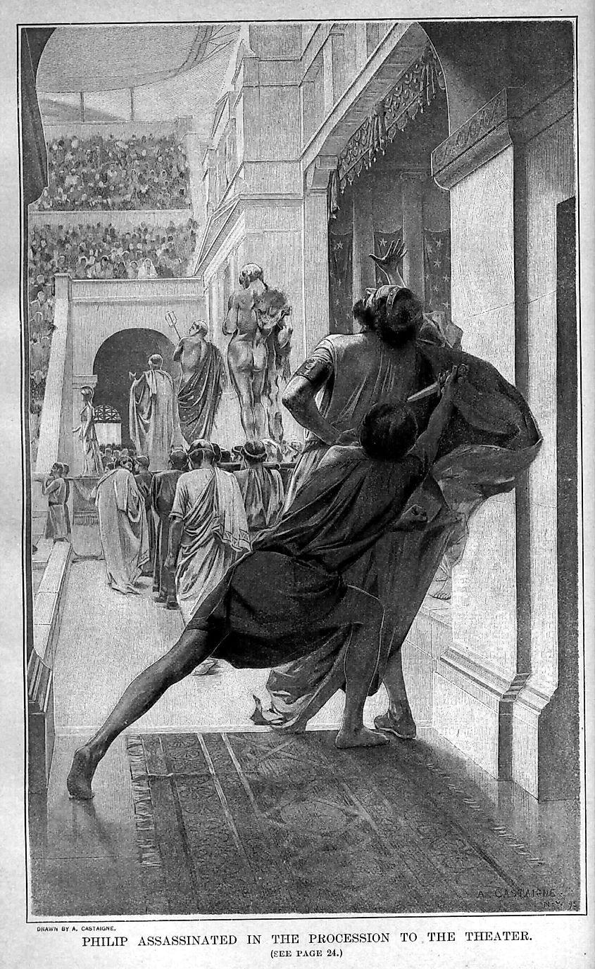Drawing of Philip II's assassination by artist André Castaigne.