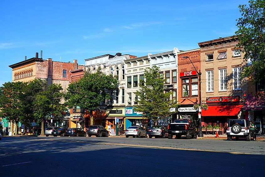 Vibrant buildings in the downtown area of Northampton, Massachusetts. 