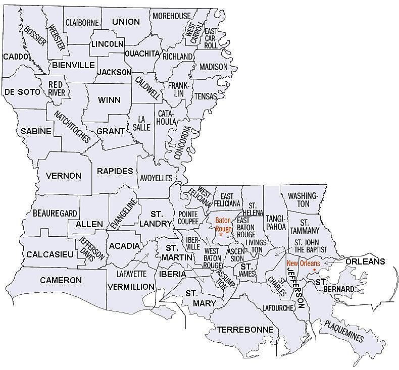 Louisiana parishes map (Wikid77, after User:JosN, CC BY-SA 3.0, via Wikimedia Commons)