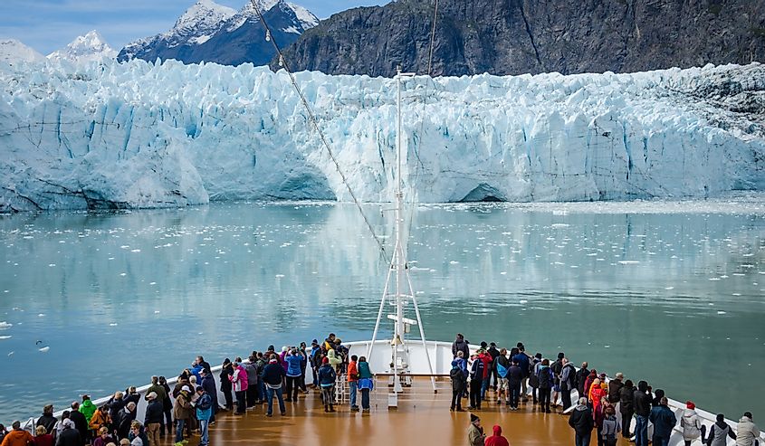 Cruise ship passengers get a close-up view of the majestic glaciers as they sail in Glacier Bay National Park and Preserve in Alaska.