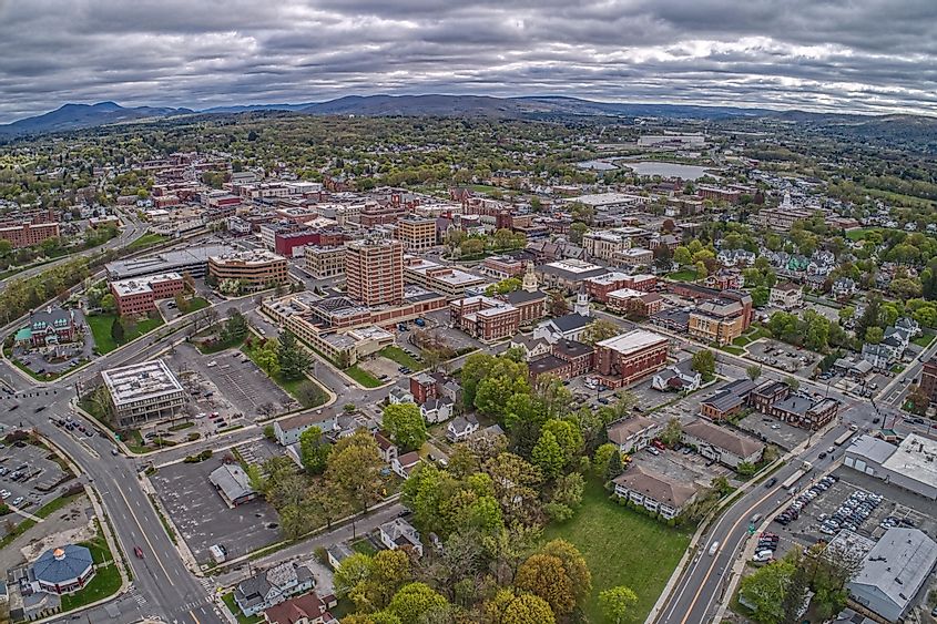 Aerial View of Downtown Pittsfield, Massachusetts on a cloudy spring day