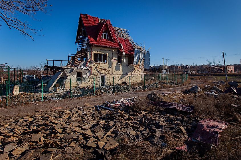damaged buildings and houses in the war-torn city of Slovyansk, Ukraine