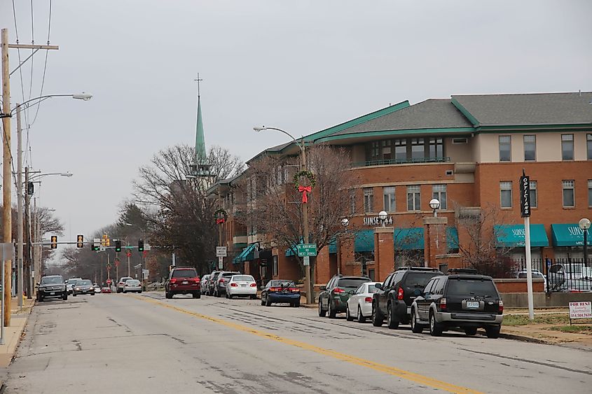View of buildings in the downtown area of Kirkwood in Missouri.