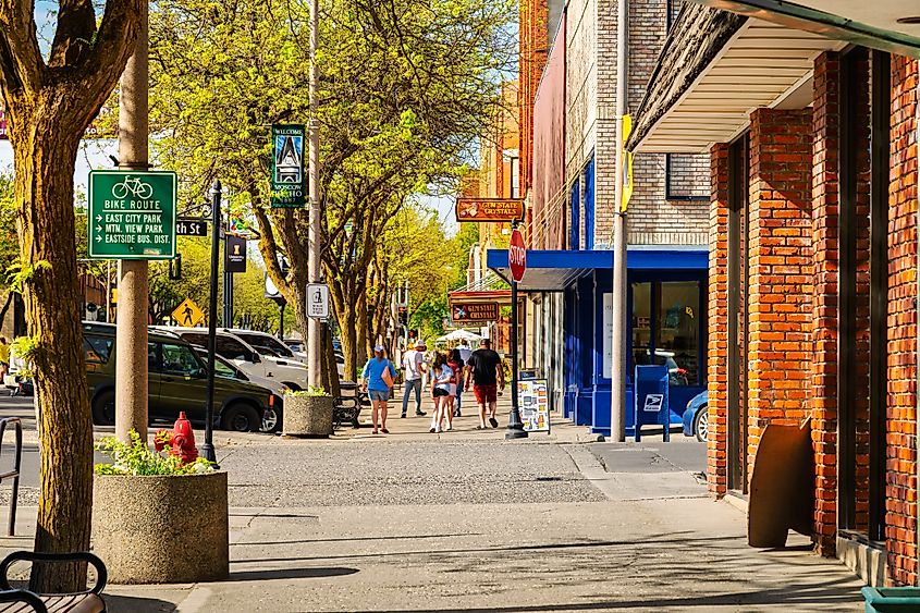Shops, galleries and cafes line Main Street in Moscow, Idaho.