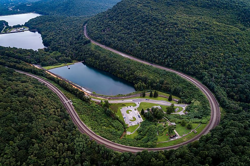 Horseshoe Curve in Altoona, Pennsylvania, a scenic mountain railway curve known for its railway transportation history.