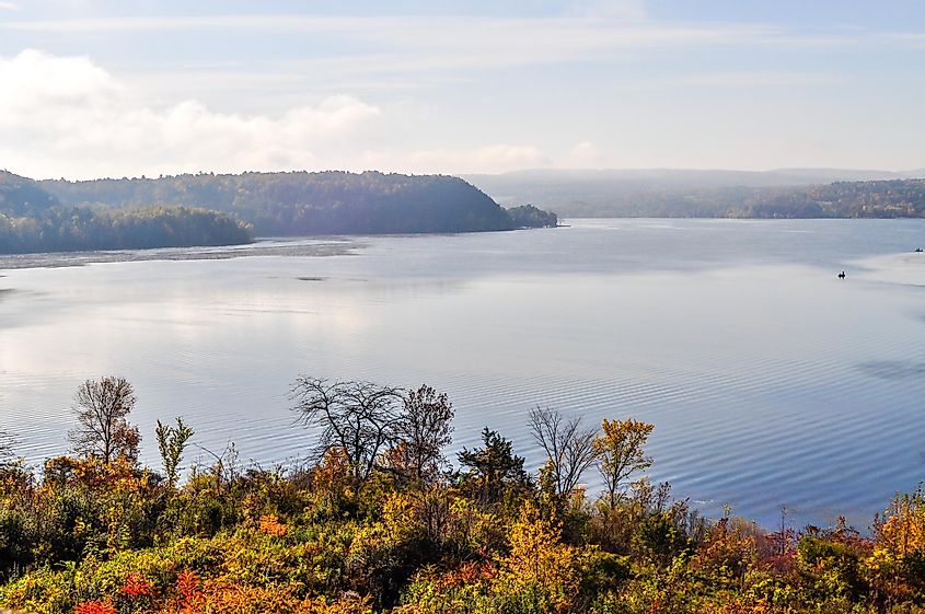 Lake Champlain flows trough the fall colors below Fort Ticonderoga in New York.