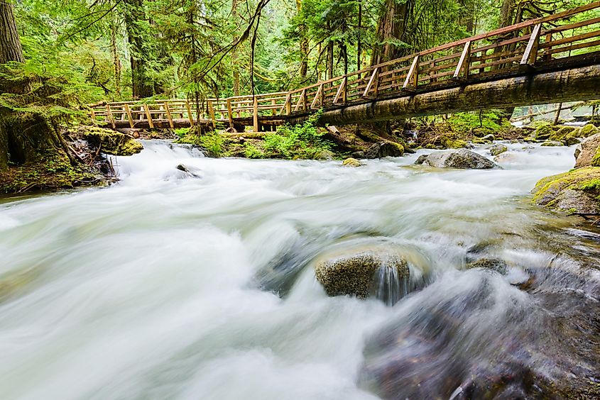 Deception Creek rushes under a wooden footbridge with railings at the Deception Falls area of the Mt Baker Snoqualmie National Forest.