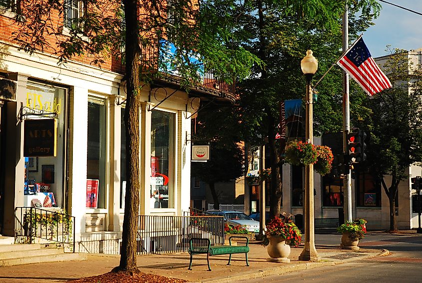 Downtown district of Bennington, Vermont, USA, featuring quaint boutiques and specialty restaurants.