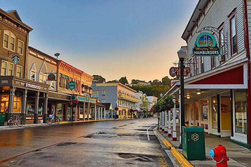 The main street of Mackinac Island is full of quaint shops and restaurants. Editorial credit: aceshot1 / Shutterstock.com