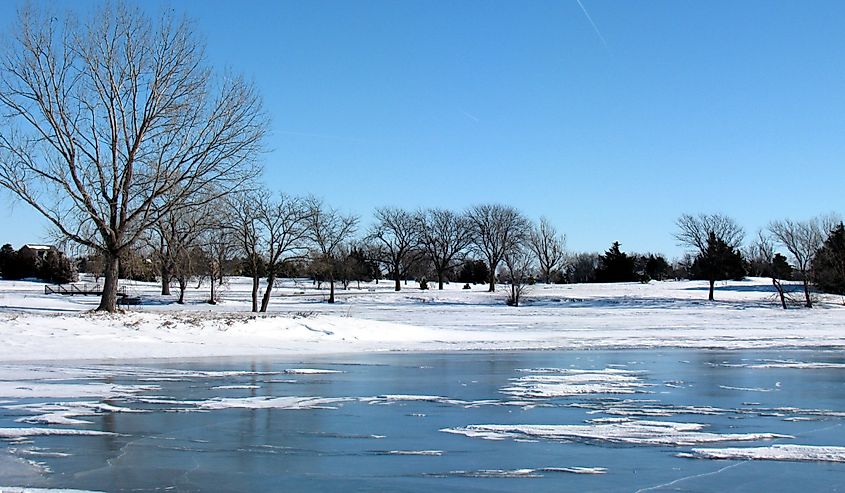 Frozen Hastings Lake in Hastings, Nebraska.