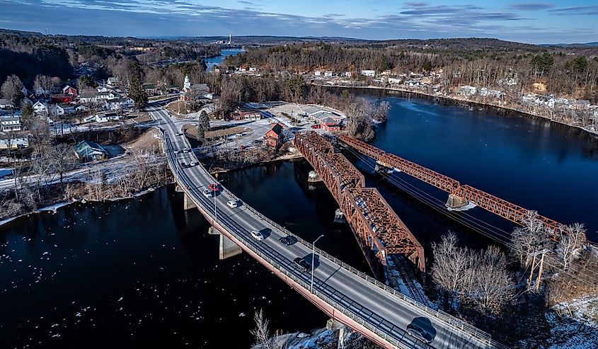 Aerial view of Hooksett, New Hampshire and the Merrimack River in winter.