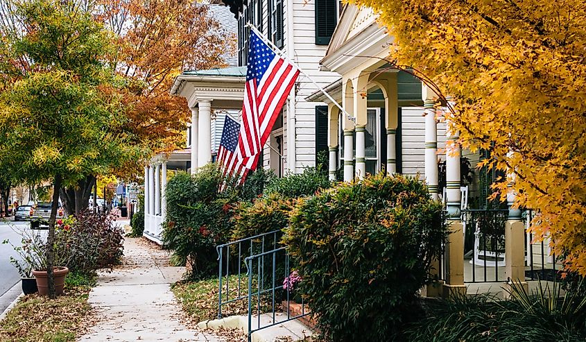 Autumn color and houses in Easton, Maryland.
