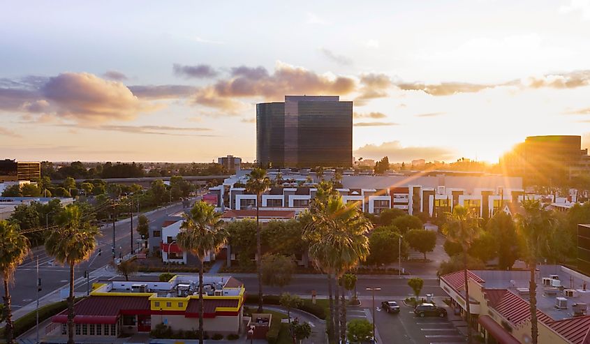 Sunset aerial view of the urban core of downtown Santa Ana, California