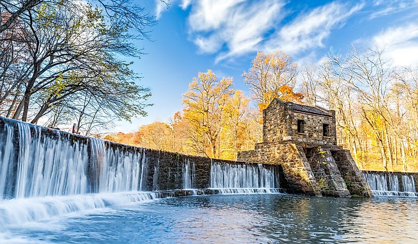 Speedwell dam waterfall, on Whippany river, along Patriots path, in Morristown, New Jersey