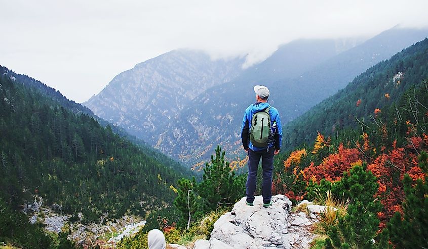 Man traveling in Mount Olympus with vegetation around him