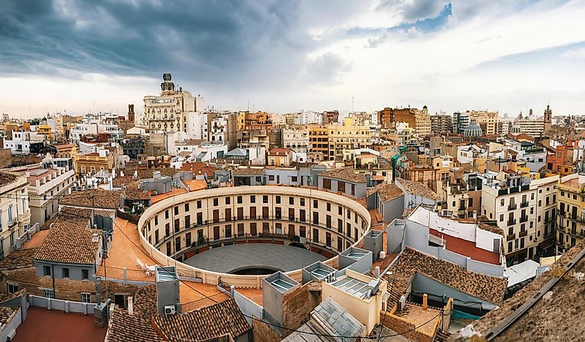 Aerial panoramic view of the old town in Valencia from Santa Caterina tower, Spain